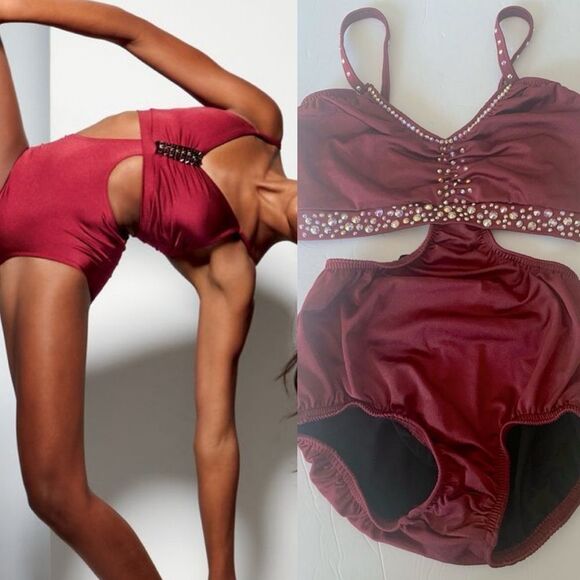 Kelle custom solo rhinestone 2 piece style leotard Dance Costume burgundy red MA - Picture 1 of 11